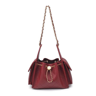 burgundy handbag with gold chain handle