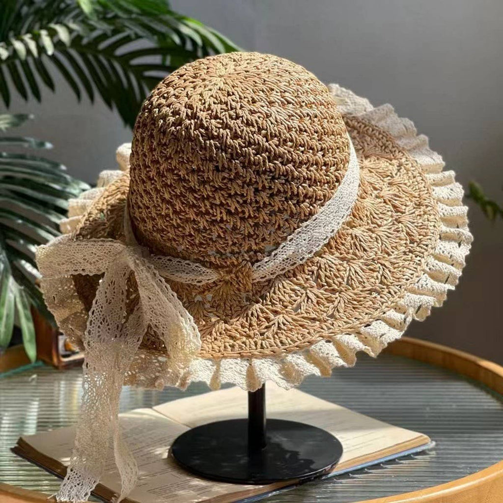 Vintage Lace Trim Wide-Brim Straw Sun Hat – Pearl display picture 2