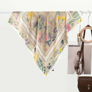 Beige Floral Print Silky Bandana Scarf