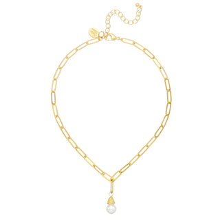 Gold chain necklace with a pearl pendant by Susan Shaw.