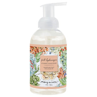 A bottle of Mangiacotti Fall Hydrangea foaming hand wash with a clear pump dispenser and a colorful floral label.