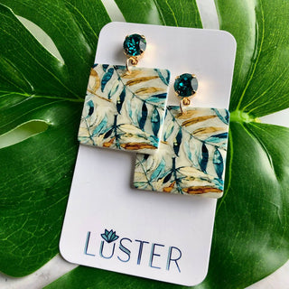 Teal Leaf Square Unique Statement Earrings