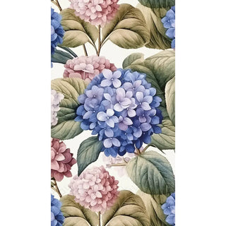 Floral pattern paper guest towels with blue, pink, and green hydrangeas on a white background