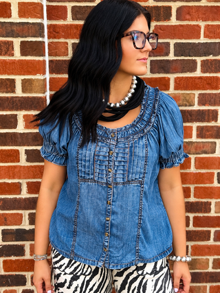 Ivy Jane | Ruffled Denim Puff Sleeve Blouse