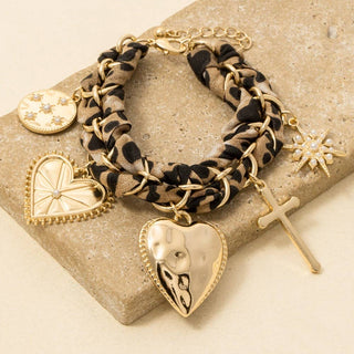Leopard Heart And Stars Charms Bandana Chain Braid Bracelet