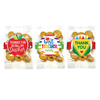 Three packages of chocolate chip cookies with teacher appreciation labels.