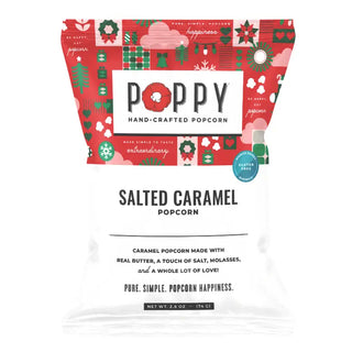 A bag of Poppy Hand-Crafted Popcorn in the Salted Caramel flavor. The packaging features a festive red and green holiday pattern. 