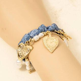 Denim Cross And Floral Hearts Charms Knotted Bracelet