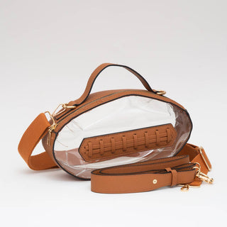 Brown Football shaped clear game day handbag.