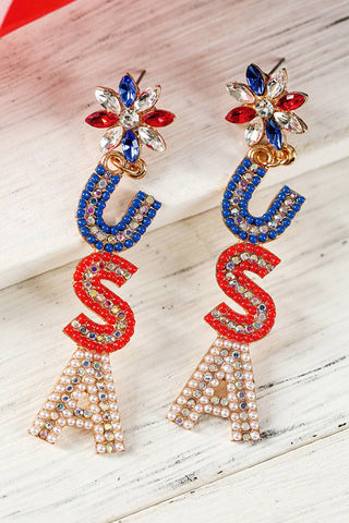Beaded Rhinestone Colorblock USA Earrings