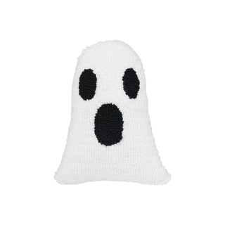 A white plush ghost-shaped pillow with a black embroidered or knit face.