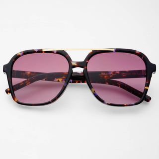 Aviator style sunglasses with tortoiseshell frame and lavender lenses.