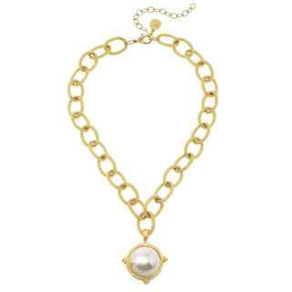 Gold chain necklace with a pearl pendant by Susan Shaw.