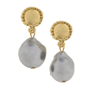 Gold-framed earrings with Grey Baroque Pearl teardrop-shaped  stones by Susan Shaw.