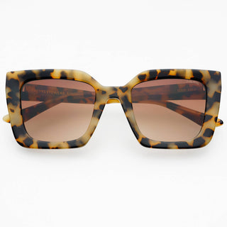 Sunglasses with tortoiseshell frame and brown lenses.