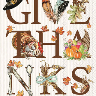 A Thanksgiving-themed decorative guest towel with large brown letters spelling parts of the phrase, decorated with autumn illustrations including a turkey, pumpkins, leaves, feathers, a cornucopia, a hat, utensils, and fall leaves on a cream striped background.