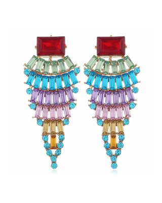 Multicolored tiered earrings with red, green, blue, purple, and gold elements
