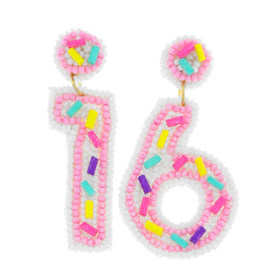 Beaded "16" w/ Sprinkles Birthday Dangle Earrings