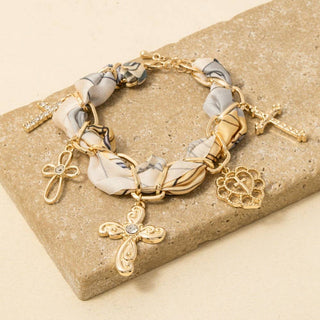 Heart And Cross Charms Bandana Chain Braided Bracelet