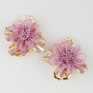 Pair of floral blossom earrings with pink flowers and gold bases.