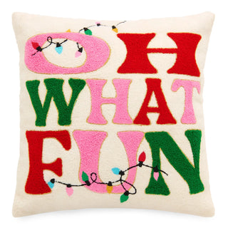 A square throw pillow with a cream-colored felt background and colorful embroidered text reading 'OH WHAT FUN' in red, pink, and green letters, decorated with small multicolored Christmas lights.