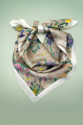 Beige Floral Print Silky Bandana Scarf