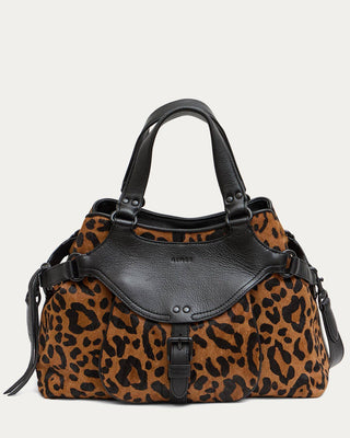 A structured handbag with a brown and black leopard print body and black leather trim, handles, and flap.
