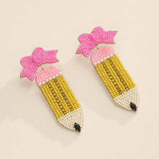 Pencil With Pink Bow Beaded Earrings