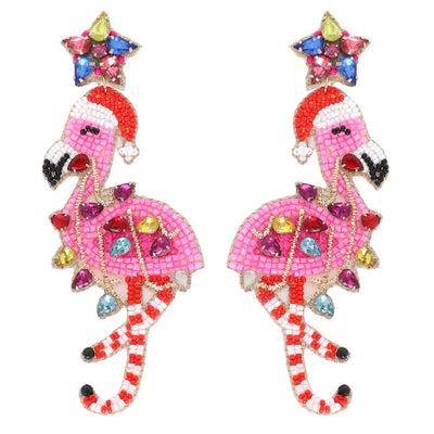 Jeweled Flamingo Christmas Beaded Dangle Earrings