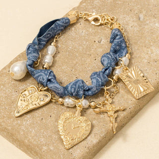 Denim Cross And Floral Hearts Charms Knotted Bracelet