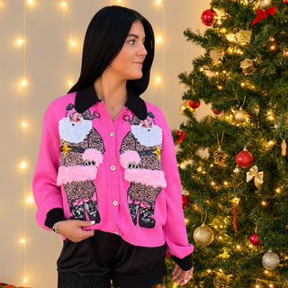 Queen Of Sparkles | Santa In Leopard Suit Button Up Cardigan