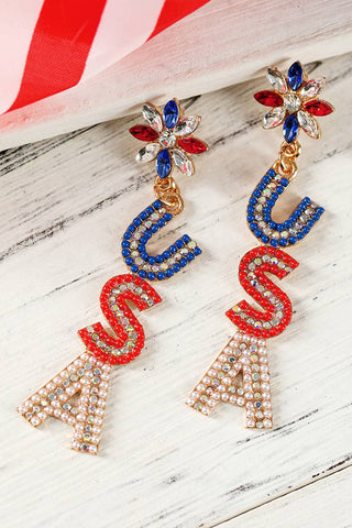 Beaded Rhinestone Colorblock USA Earrings