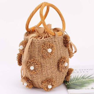 Pearl-Embellished Handmade Straw Bucket Bag