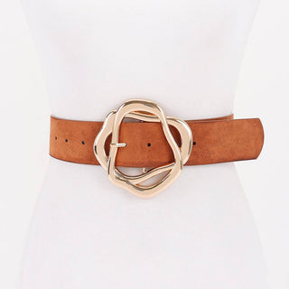 Brown belt with a gold buckle.