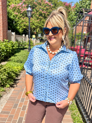 light blue with brown polka dots, short sleeve, satin fabric blouse with puffy sleeves