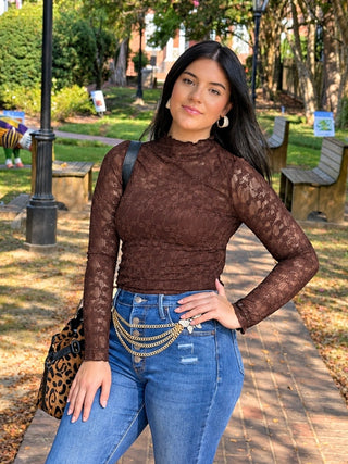 long sleeve lace top with mock neck