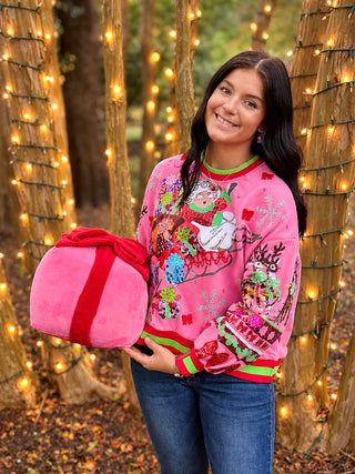 queen of sparkles sequin sweatshirt with mrs claus and sleigh with  presents.  