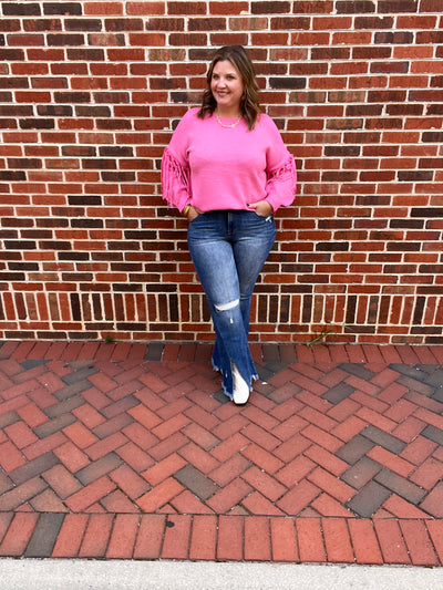 Playful Pink Fringe Sleeve Sweater
