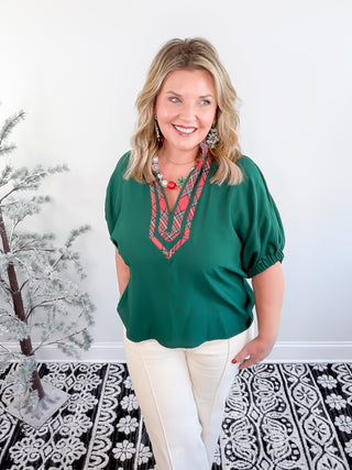 Holiday Contrast Blouse | Green