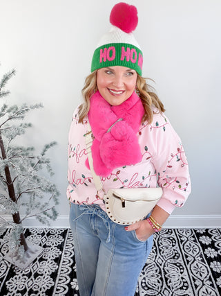 pink fur scarf with rhinestones