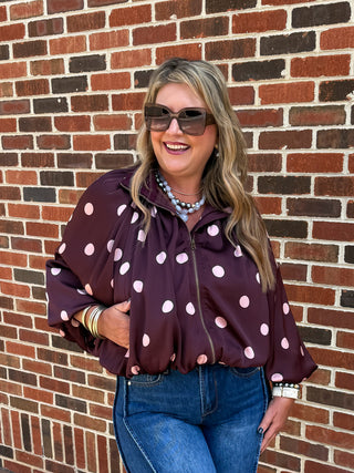 satin polka dot bubble crop  jacket in deep plum with oversized pink dots 
