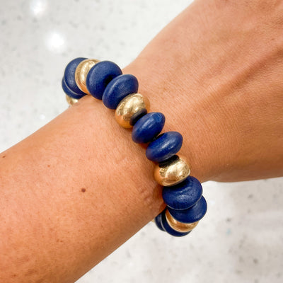 Blue/Gold Wooden Bead Bracelet