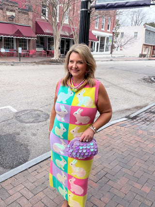 Queen Of Sparkles | Checkered Easter Bunny Knit Midi Dress