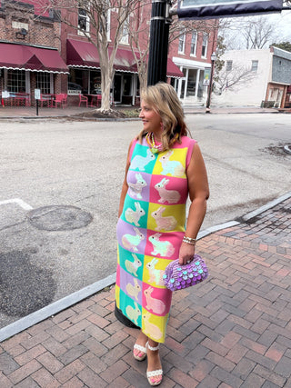 Queen Of Sparkles | Checkered Easter Bunny Knit Midi Dress