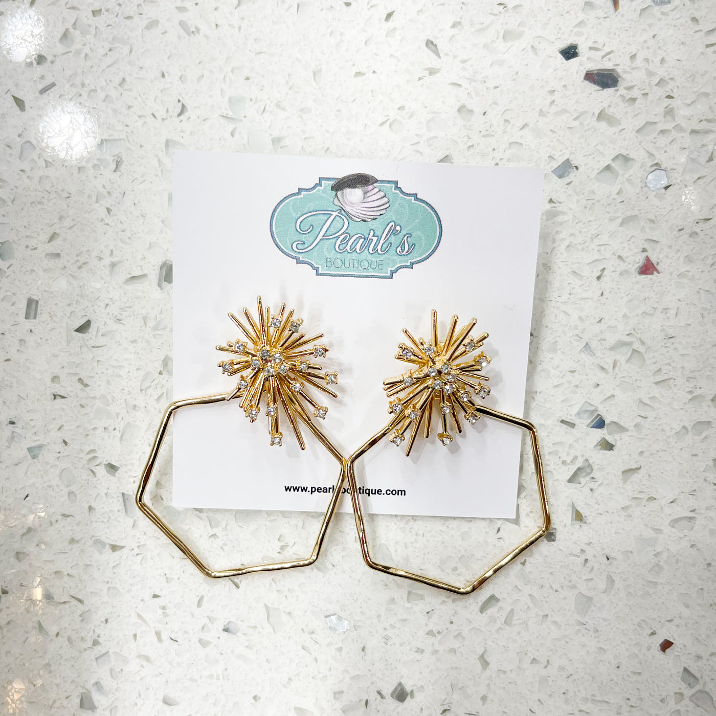 Gold Crystal Snowflake Hexagon Earrings