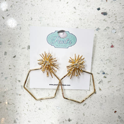 Gold Crystal Snowflake Hexagon Earrings