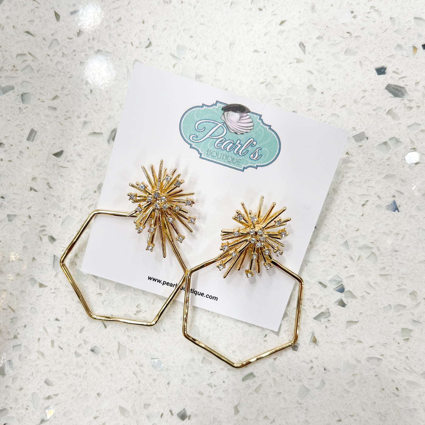 Gold Crystal Snowflake Hexagon Earrings