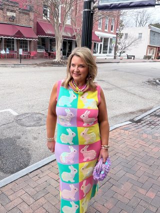 Queen Of Sparkles | Checkered Easter Bunny Knit Midi Dress