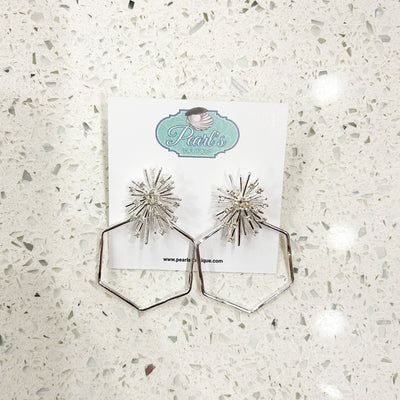Silver Crystal Snowflake Hexagon Earrings