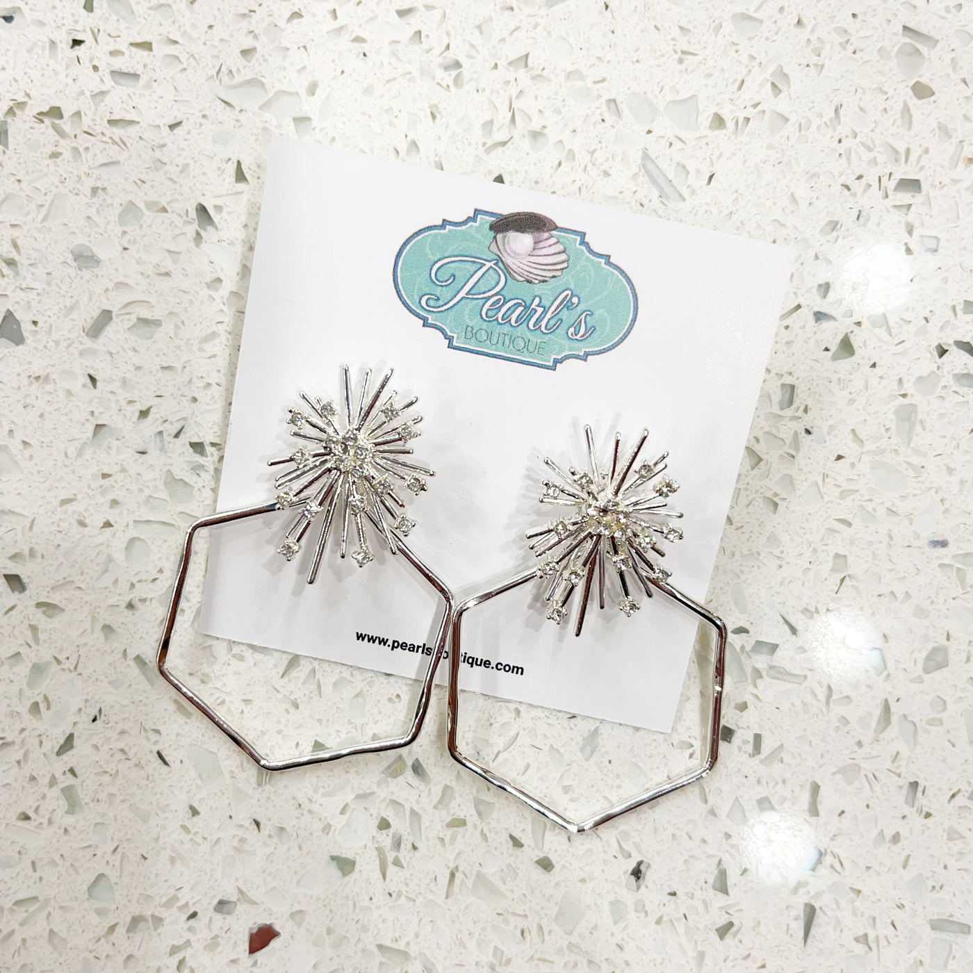Silver Crystal Snowflake Hexagon Earrings